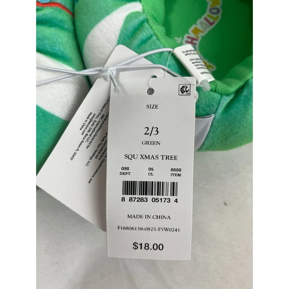 Squishmallows Christmas Tree Plush Slippers Kids Size 2/3 Green Holiday New